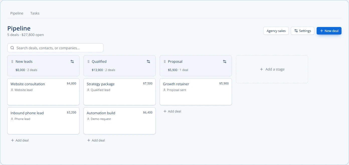 Chirply sales pipeline showing sample deals in New leads, Qualified and Proposal stages